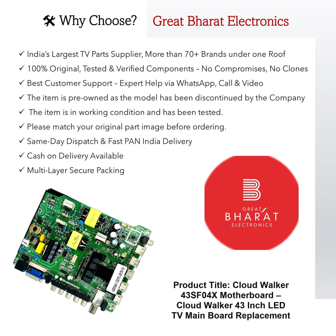 Cloud Walker 43SF04X Motherboard – Original Cloud Walker 43 Inch LED TV Main Board - Great Bharat Electronics