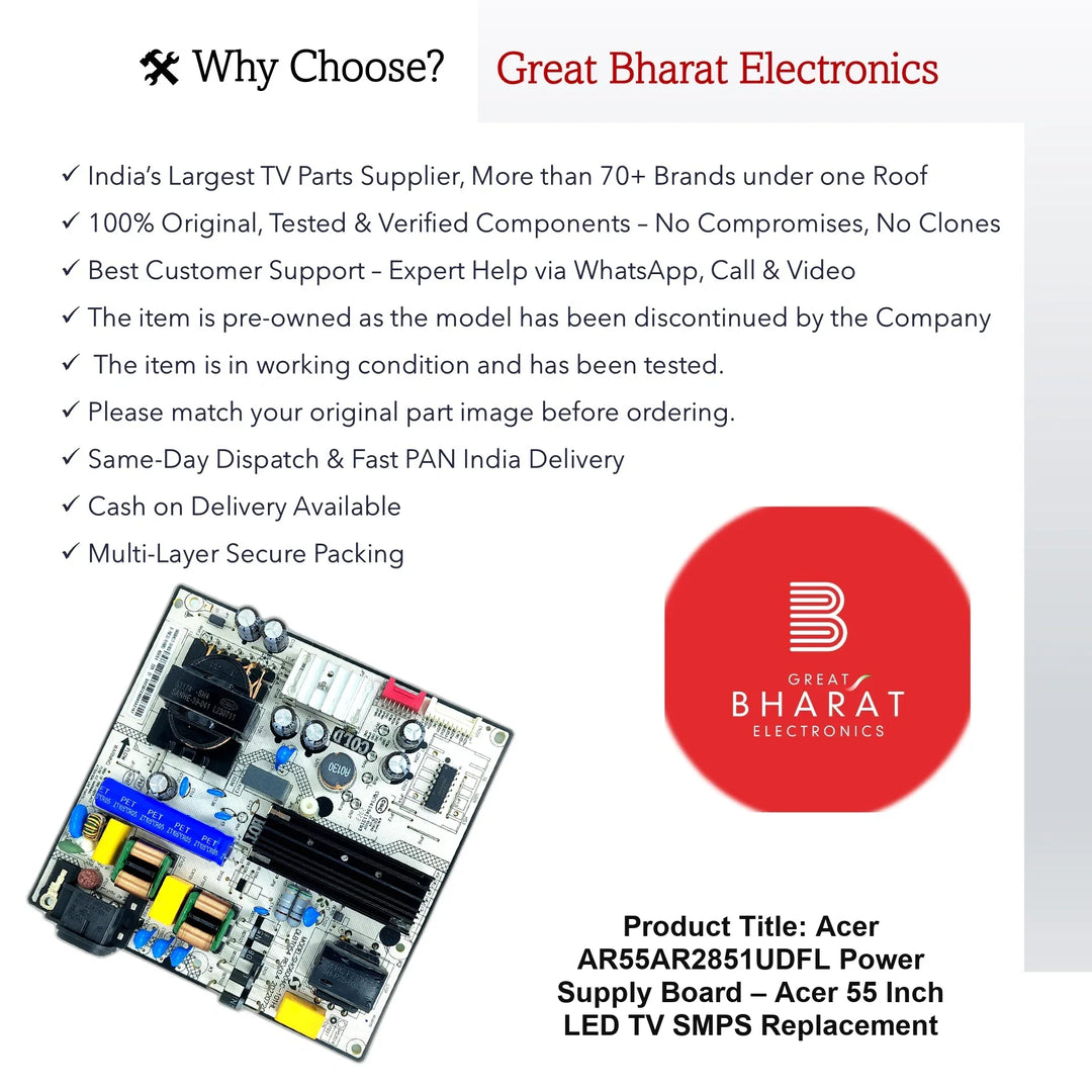 Acer AR55AR2851UDFL Power Supply Board – Acer 55 Inch LED TV SMPS Replacement - Great Bharat Electronics