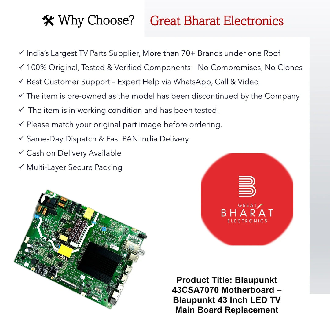 Blaupunkt 43CSA7070 Motherboard – Blaupunkt 43 Inch LED TV Main Board Replacement - Great Bharat Electronics