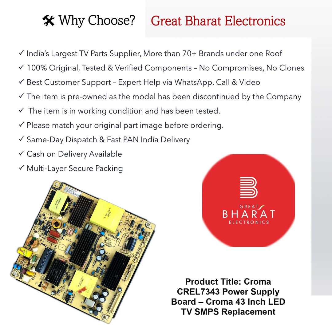 Croma CREL7343 Power Supply Board – Croma 43 Inch LED TV SMPS Replacement - Great Bharat Electronics