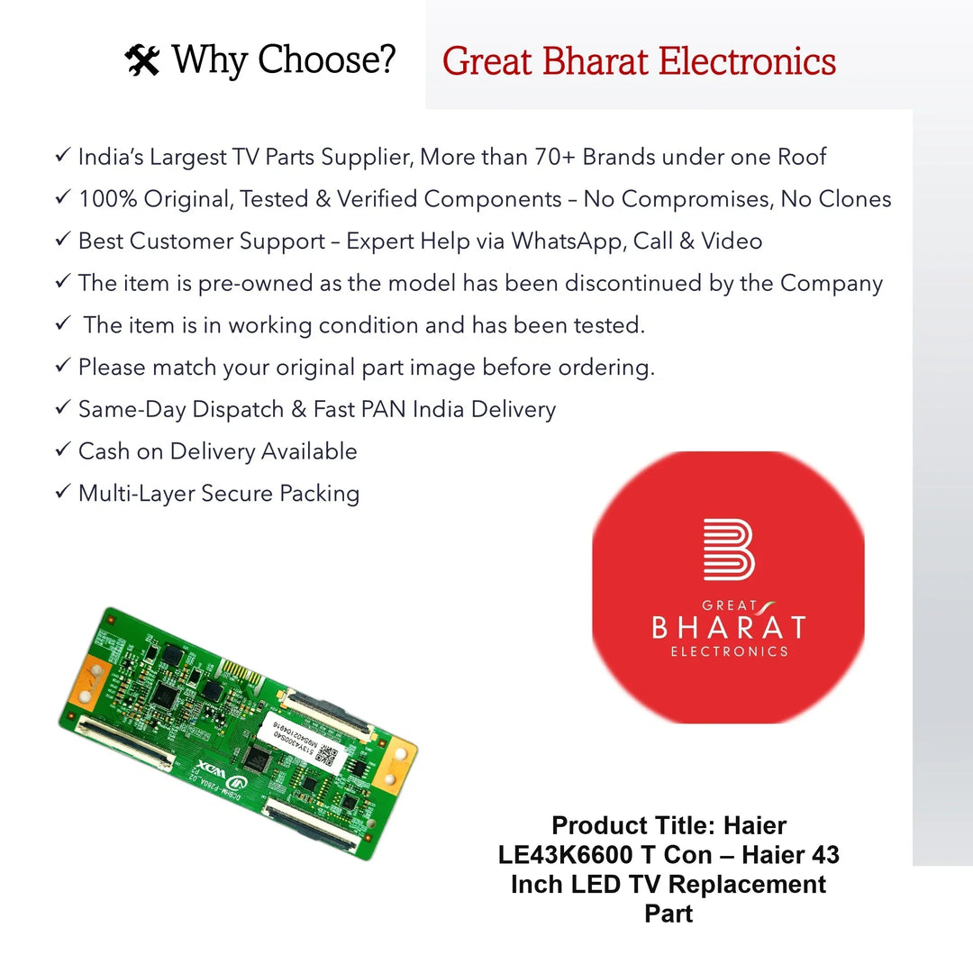 Haier LE43K6600 T-Con Board – Haier 43 Inch LED TV Replacement Part - Great Bharat Electronics