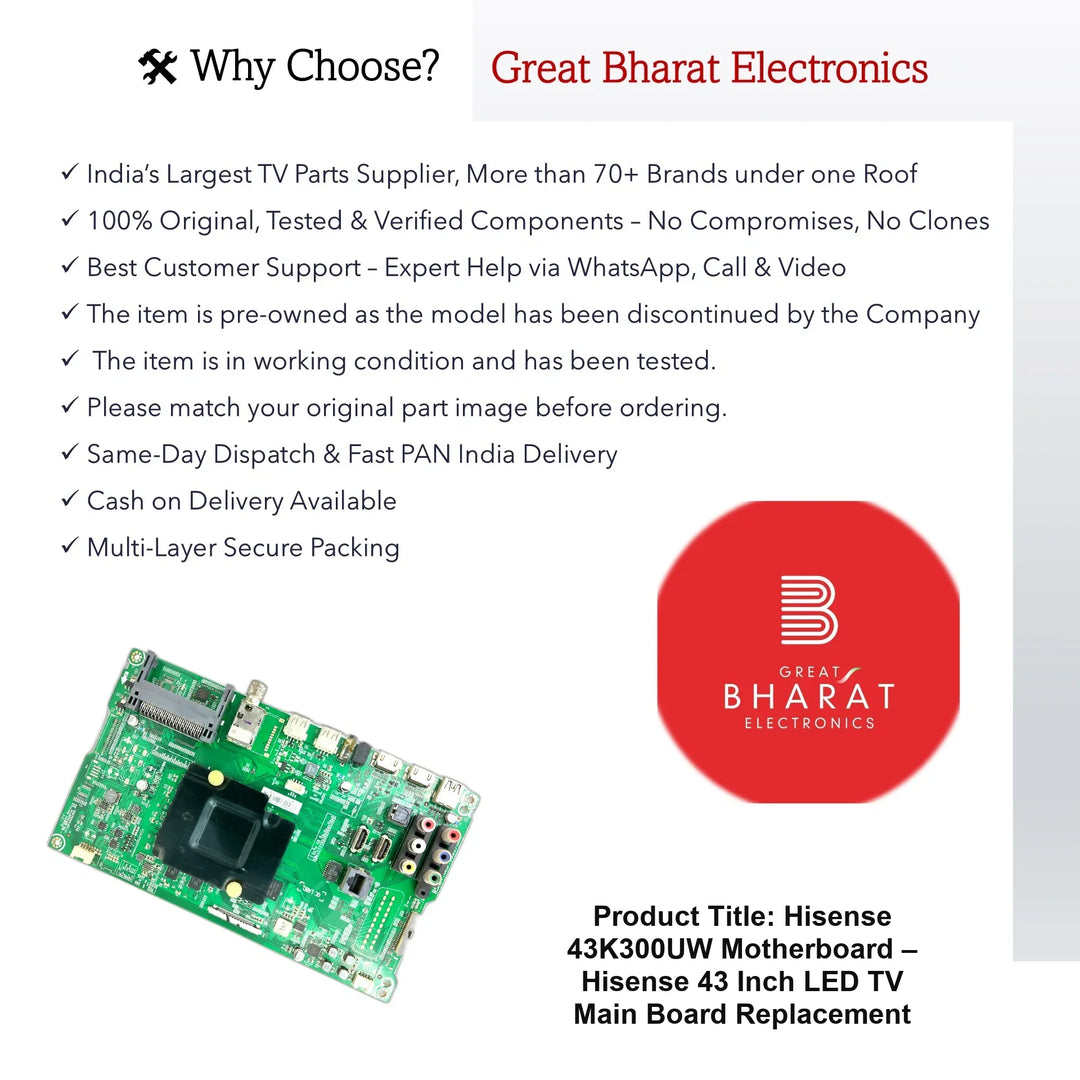 Hisense 43K300UW Motherboard – Hisense 43 Inch LED TV Main Board Replacement - Great Bharat Electronics