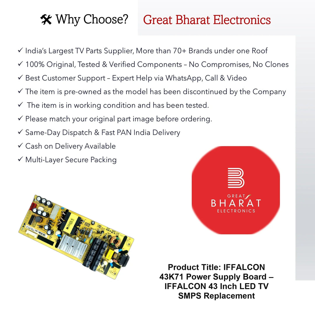 iFFALCON 43K71 Power Supply Board – iFFALCON 43 Inch LED TV SMPS Replacement - Great Bharat Electronics