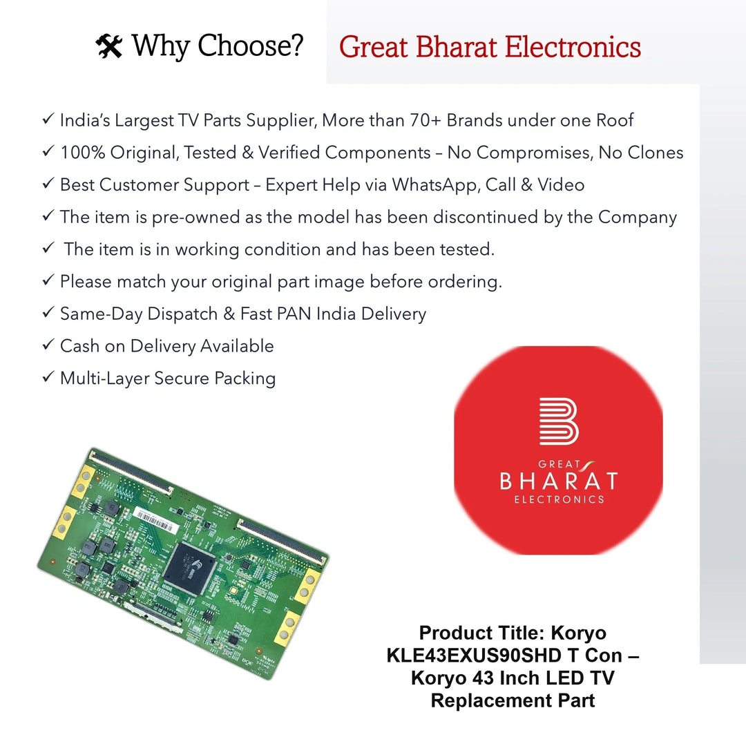Koryo KLE43EXUS90SHD T-Con Board – Koryo 43 Inch LED TV Replacement Part - Great Bharat Electronics
