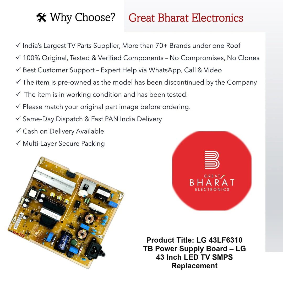 LG 43LF6310-TB Power Supply Board – LG 43 Inch LED TV SMPS Replacement - Great Bharat Electronics