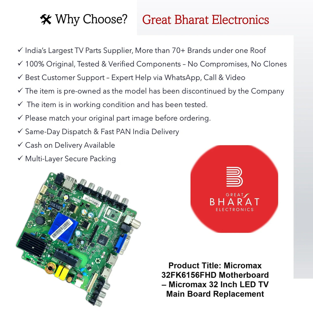Micromax 32FK6156FHD Motherboard – Micromax 32 Inch LED TV Main Board Replacement - Great Bharat Electronics