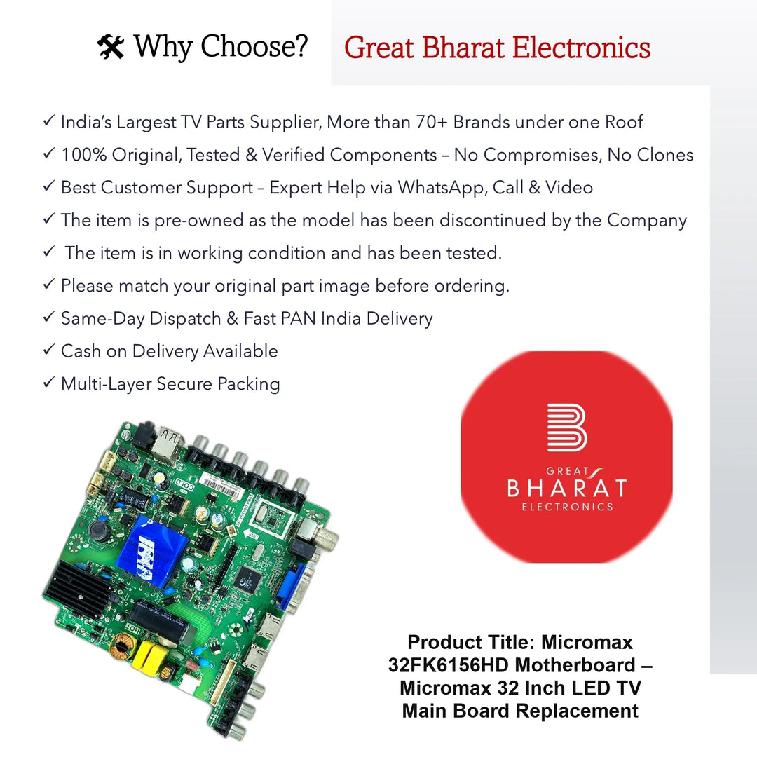 Micromax 32FK6156HD Motherboard – Micromax 32 Inch LED TV Main Board Replacement - Great Bharat Electronics