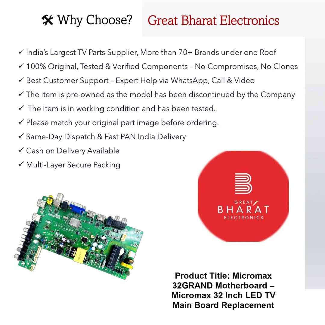 Micromax 32GRAND Motherboard – Micromax 32 Inch LED TV Main Board Replacement - Great Bharat Electronics