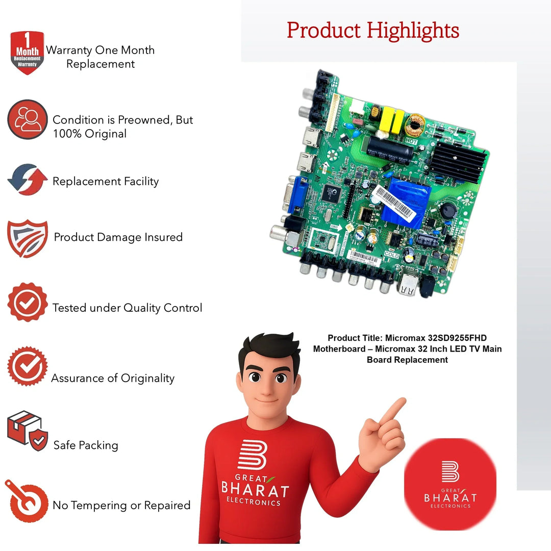 Micromax 32SD9255FHD Motherboard – Micromax 32 Inch LED TV Main Board Replacement - Great Bharat Electronics