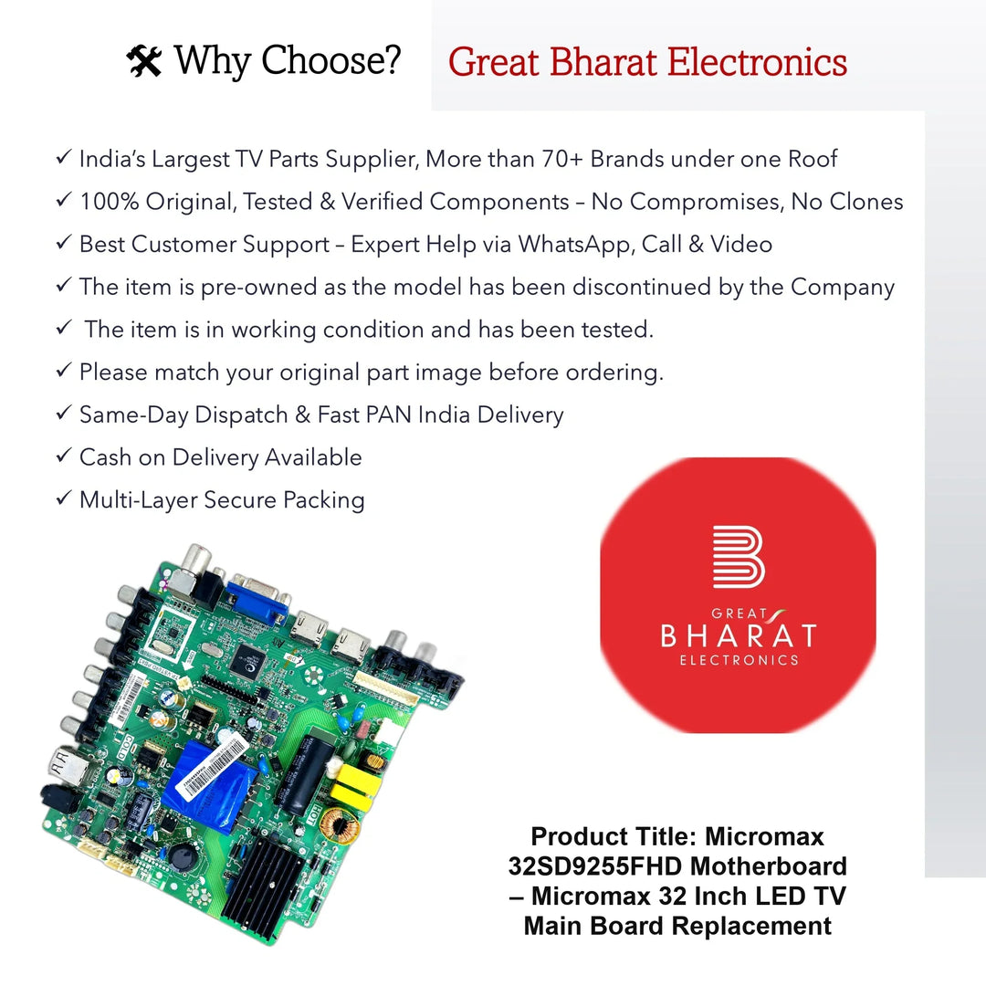 Micromax 32SD9255FHD Motherboard – Micromax 32 Inch LED TV Main Board Replacement - Great Bharat Electronics