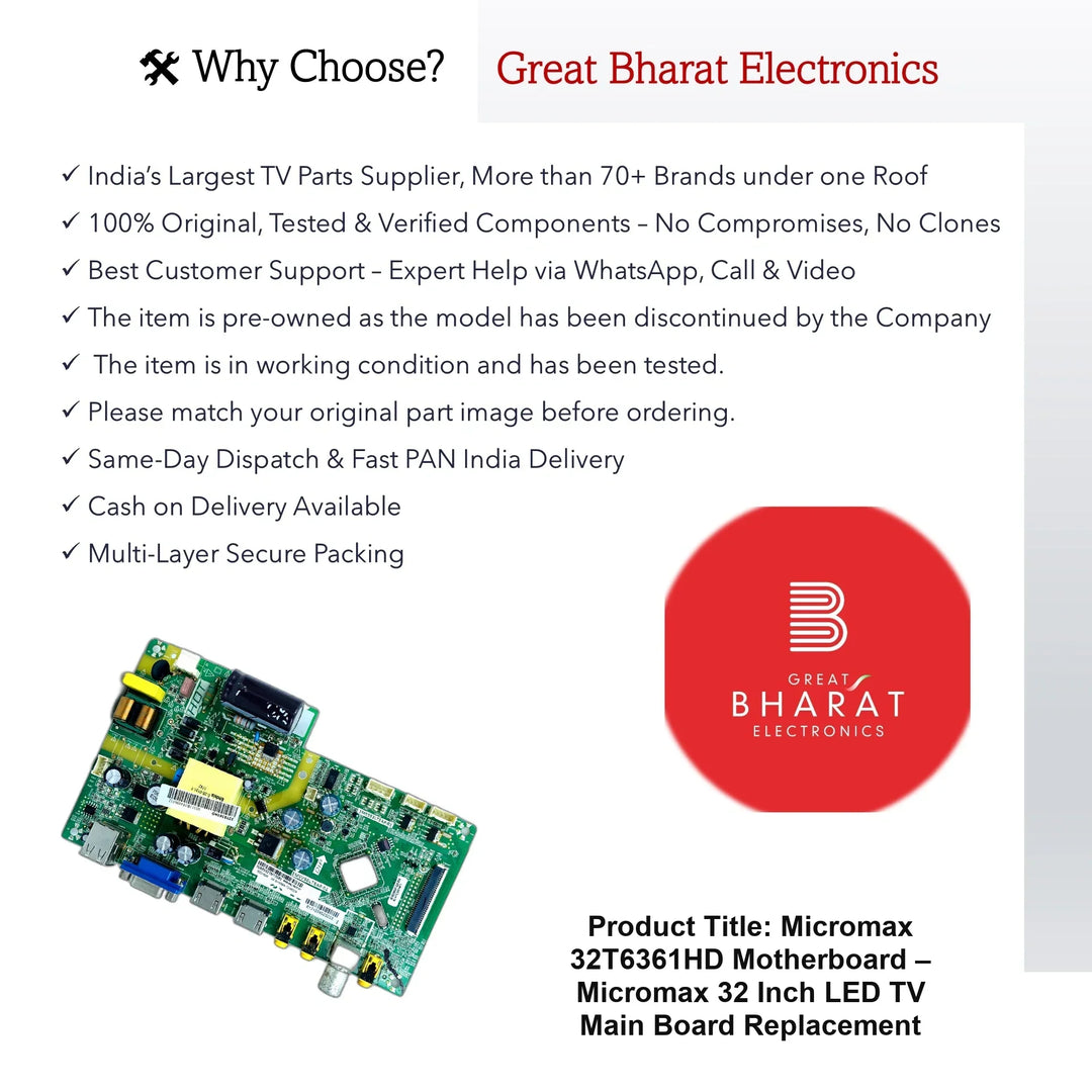 Micromax 32T6361HD Motherboard – Micromax 32 Inch LED TV Main Board Replacement - Great Bharat Electronics