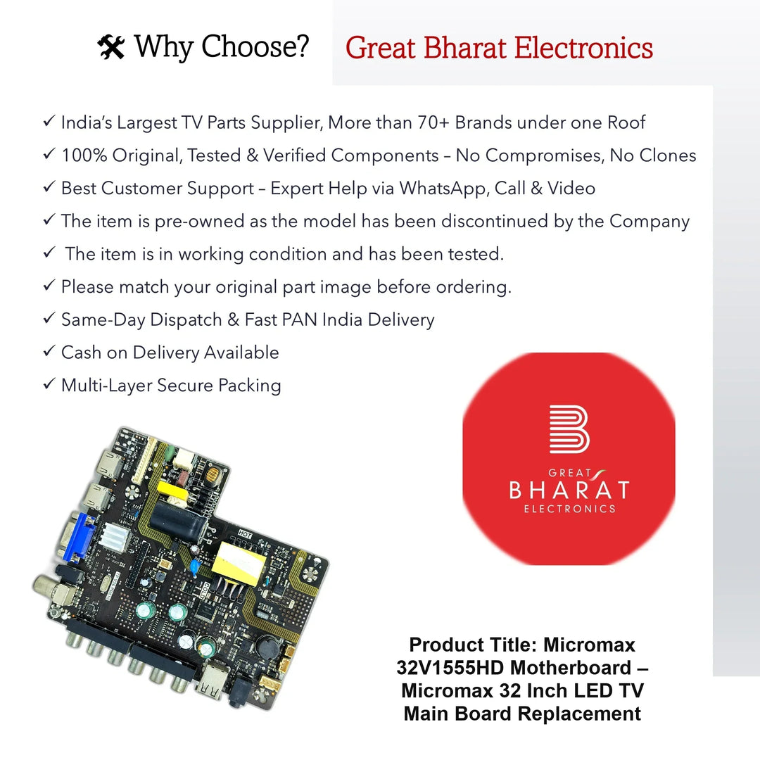 Micromax 32V1555HD Motherboard – Micromax 32 Inch LED TV Main Board Replacement - Great Bharat Electronics