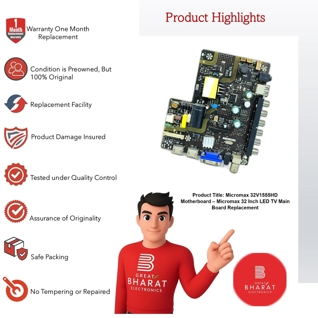 Micromax 32V1555HD Motherboard – Micromax 32 Inch LED TV Main Board Replacement - Great Bharat Electronics