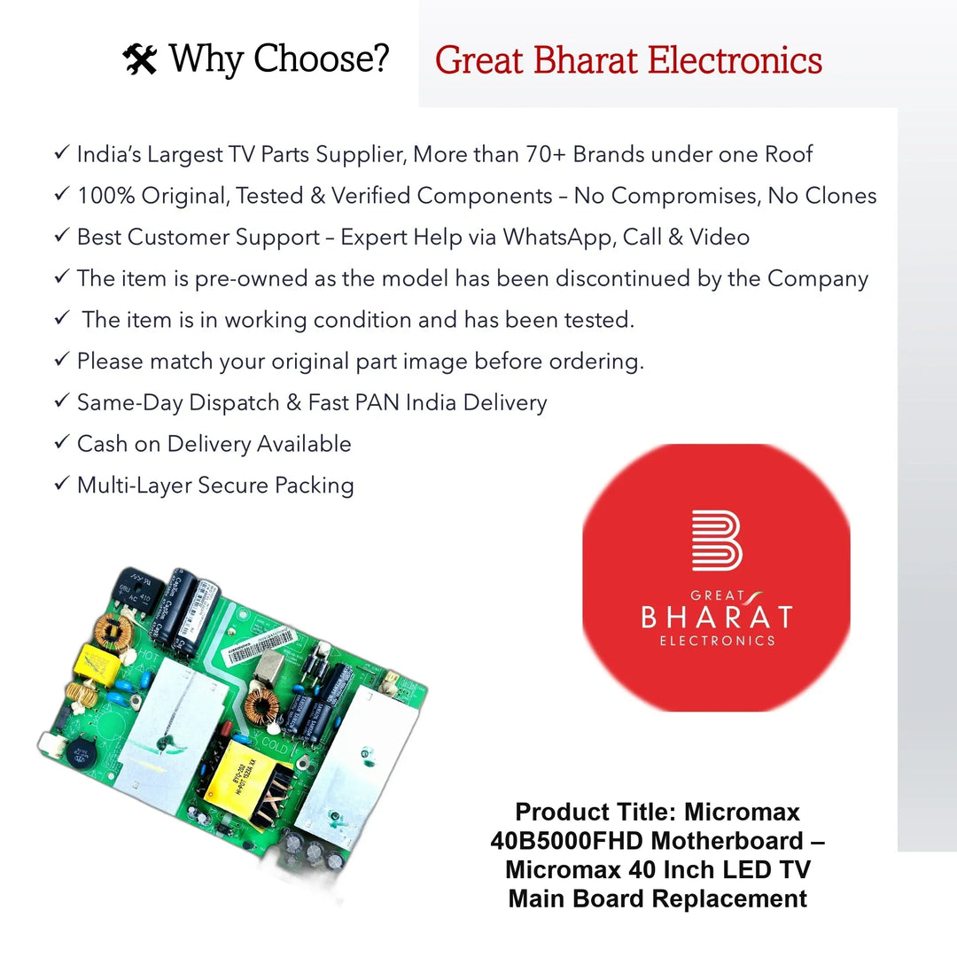 Micromax 40B5000FHD Motherboard – Micromax 40 Inch LED TV Main Board Replacement - Great Bharat Electronics