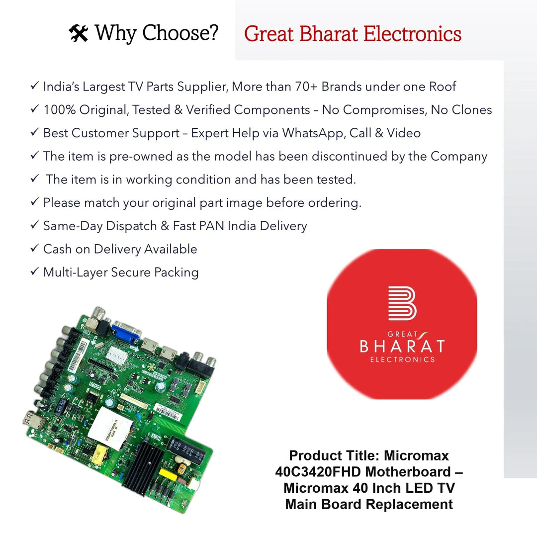 Micromax 40C3420FHD Motherboard – Micromax 40 Inch LED TV Main Board Replacement - Great Bharat Electronics