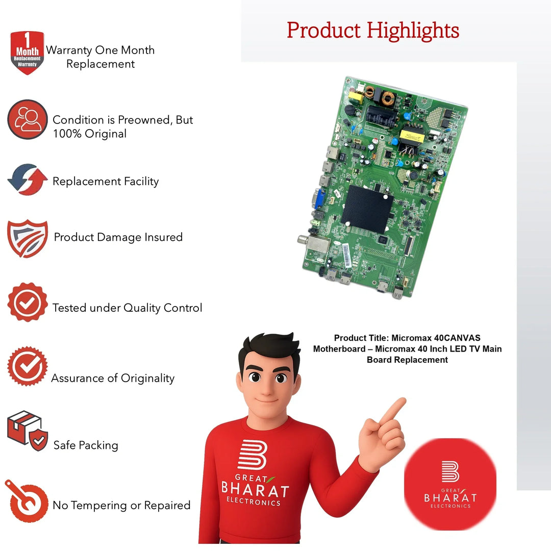 Micromax 40CANVAS Motherboard – Micromax 40 Inch LED TV Main Board Replacement - Great Bharat Electronics