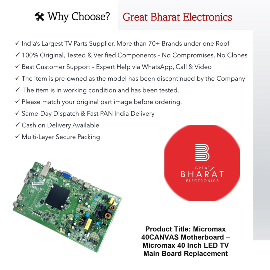 Micromax 40CANVAS Motherboard – Micromax 40 Inch LED TV Main Board Replacement - Great Bharat Electronics