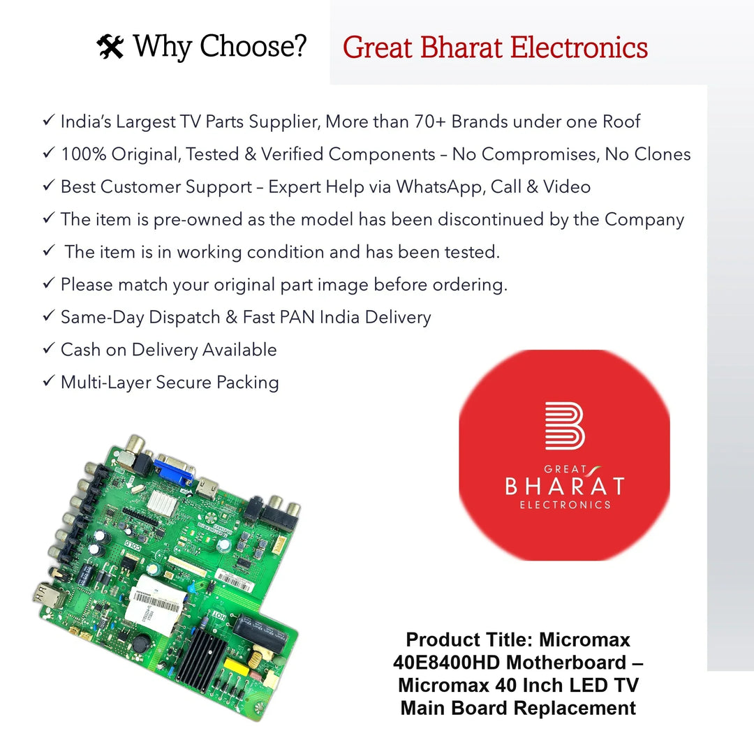 Micromax 40E8400HD Motherboard – Micromax 40 Inch LED TV Main Board Replacement - Great Bharat Electronics