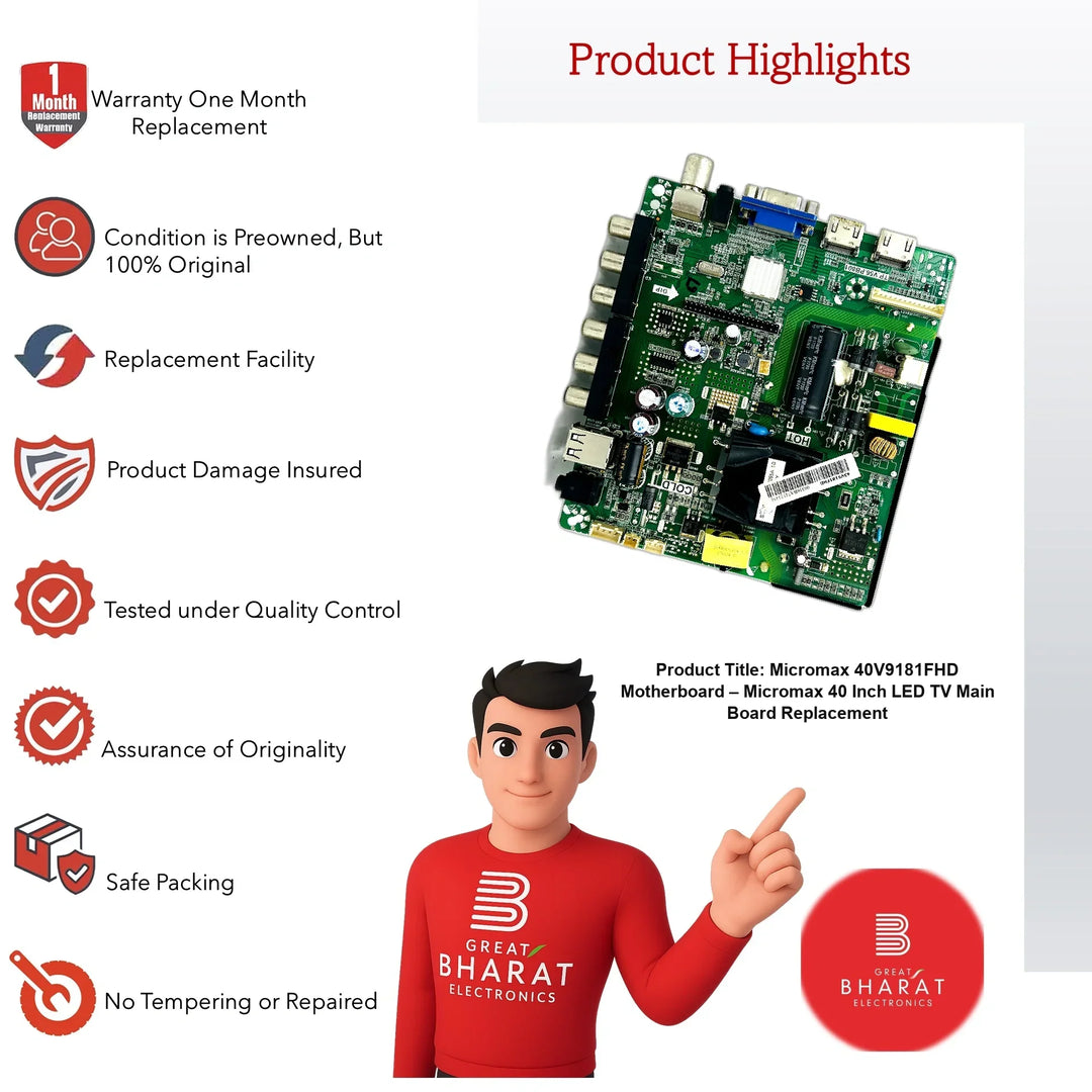 Micromax 40V9181FHD Motherboard – Micromax 40 Inch LED TV Main Board Replacement - Great Bharat Electronics