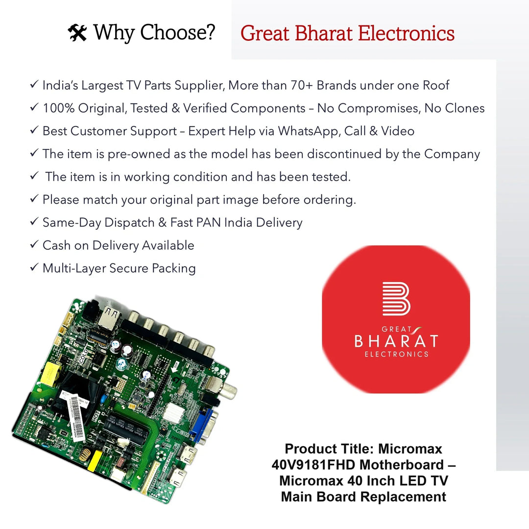 Micromax 40V9181FHD Motherboard – Micromax 40 Inch LED TV Main Board Replacement - Great Bharat Electronics