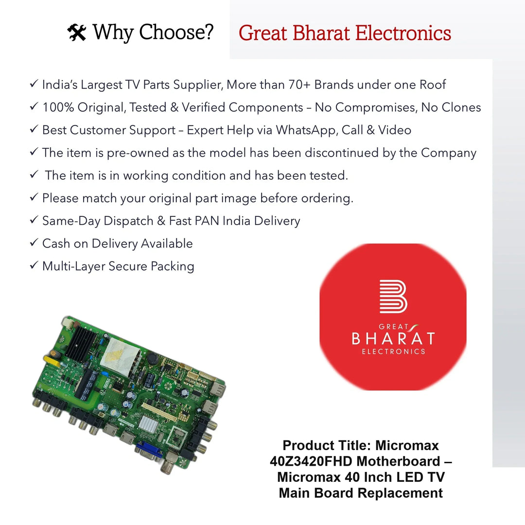 Micromax 40Z3420FHD Motherboard – Micromax 40 Inch LED TV Main Board Replacement - Great Bharat Electronics