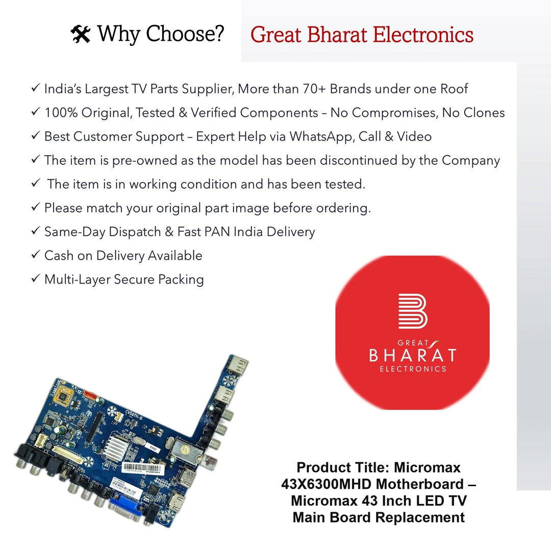 Micromax 43X6300MHD Motherboard – Micromax 43 Inch LED TV Main Board Replacement - Great Bharat Electronics