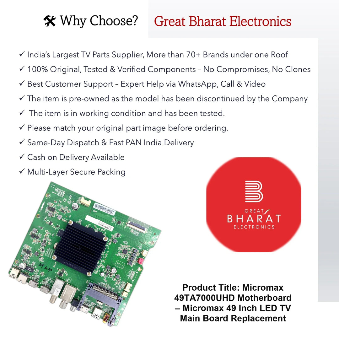Micromax 49TA7000UHD Motherboard – Micromax 49 Inch LED TV Main Board Replacement - Great Bharat Electronics