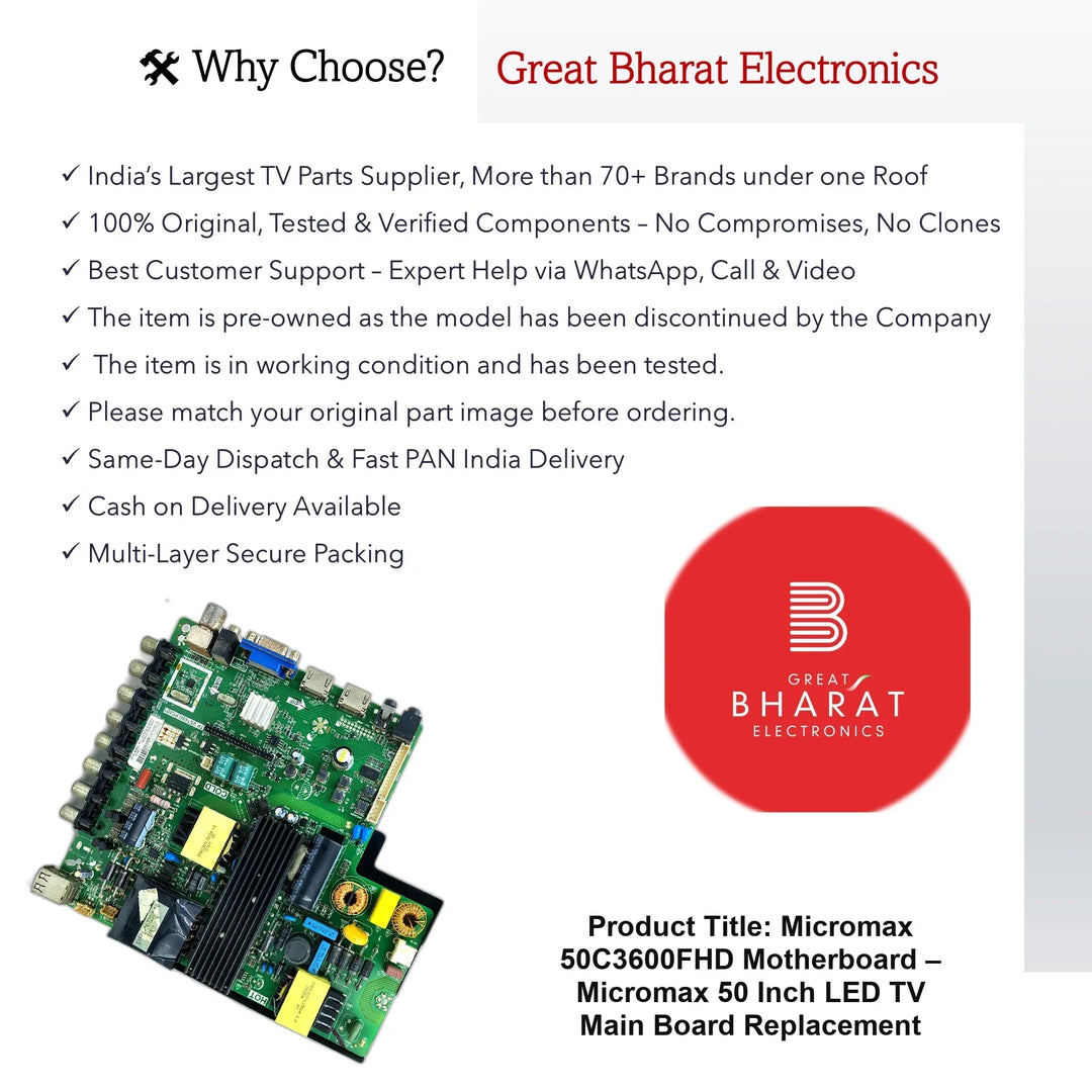 Micromax 50C3600FHD Motherboard – Micromax 50 Inch LED TV Main Board Replacement - Great Bharat Electronics