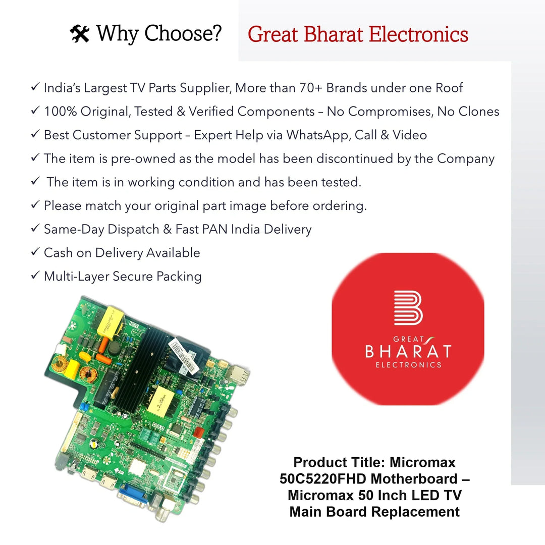 Micromax 50C5220FHD Motherboard – Micromax 50 Inch LED TV Main Board Replacement - Great Bharat Electronics