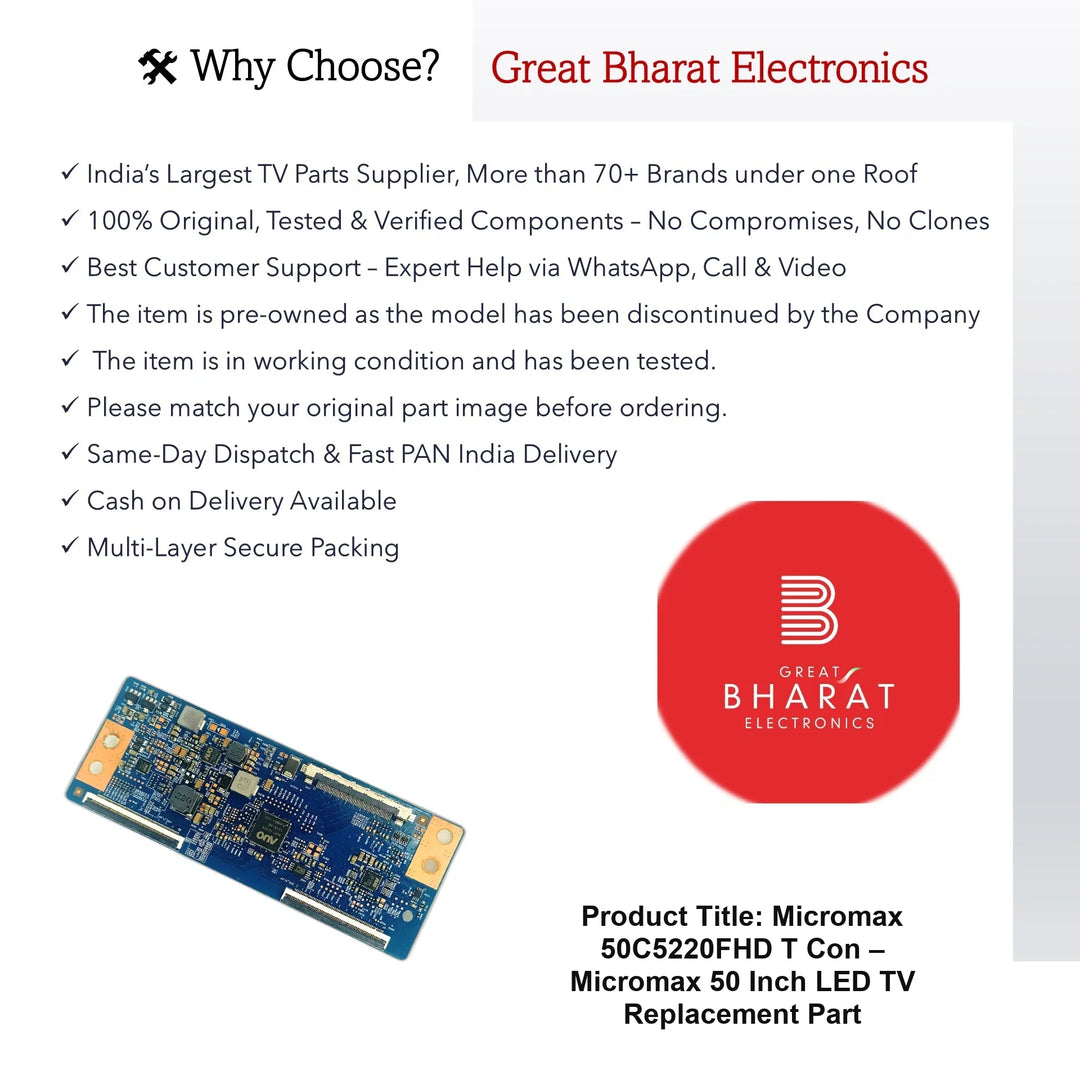 Micromax 50C5220FHD T-Con Board – Micromax 50 Inch LED TV Replacement Part - Great Bharat Electronics