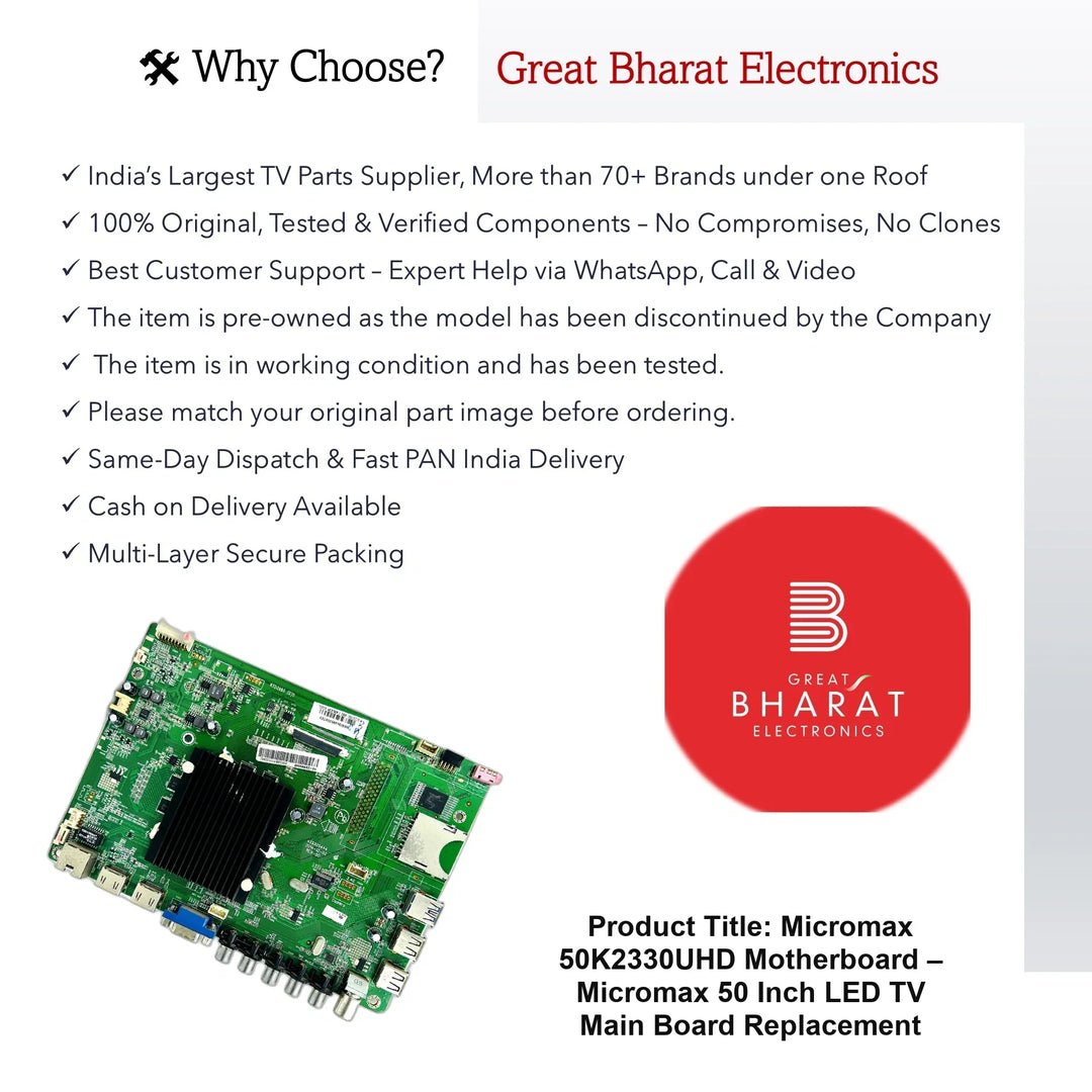 Micromax 50K2330UHD Motherboard – Micromax 50 Inch LED TV Main Board Replacement - Great Bharat Electronics