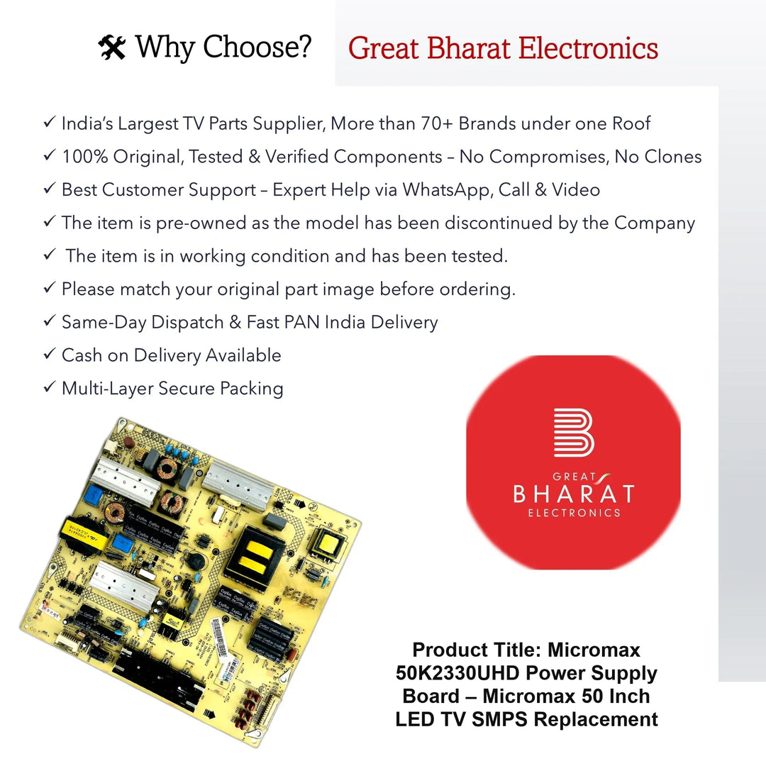 Micromax 50K2330UHD Power Supply Board – Micromax 50 Inch LED TV SMPS Replacement - Great Bharat Electronics