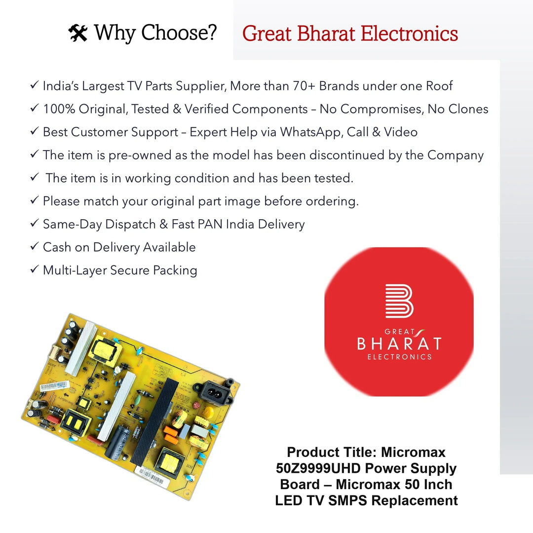 Micromax 50Z9999UHD Power Supply Board – Micromax 50 Inch LED TV SMPS Replacement - Great Bharat Electronics