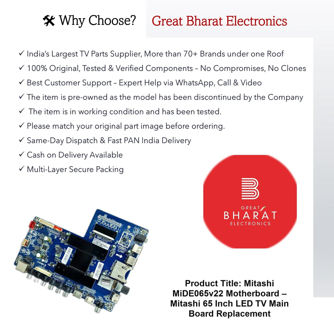 Mitashi MiDE065v22 Motherboard – Mitashi 65 Inch LED TV Main Board Replacement - Great Bharat Electronics
