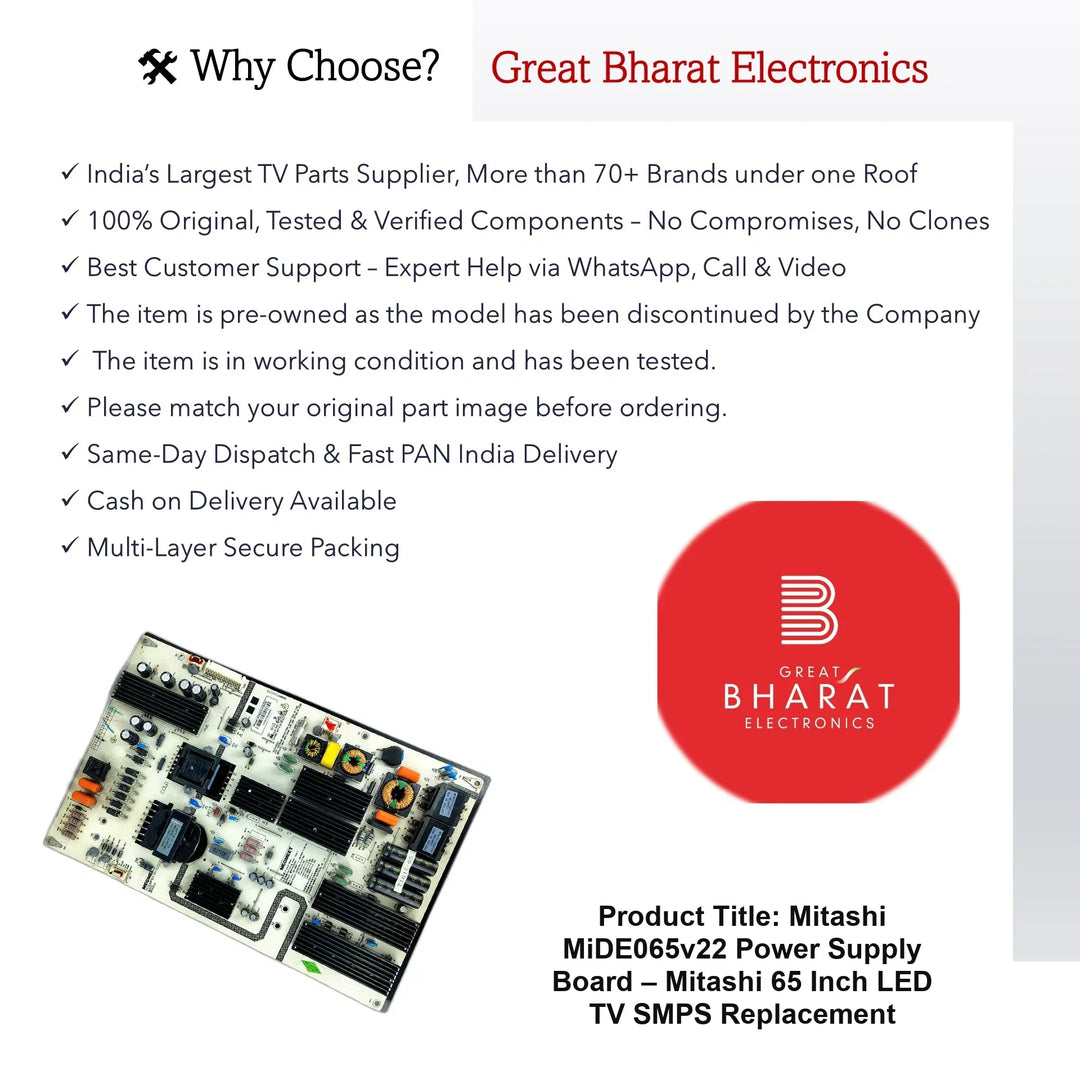 Mitashi MiDE065v22 Power Supply Board – Mitashi 65 Inch LED TV SMPS Replacement - Great Bharat Electronics