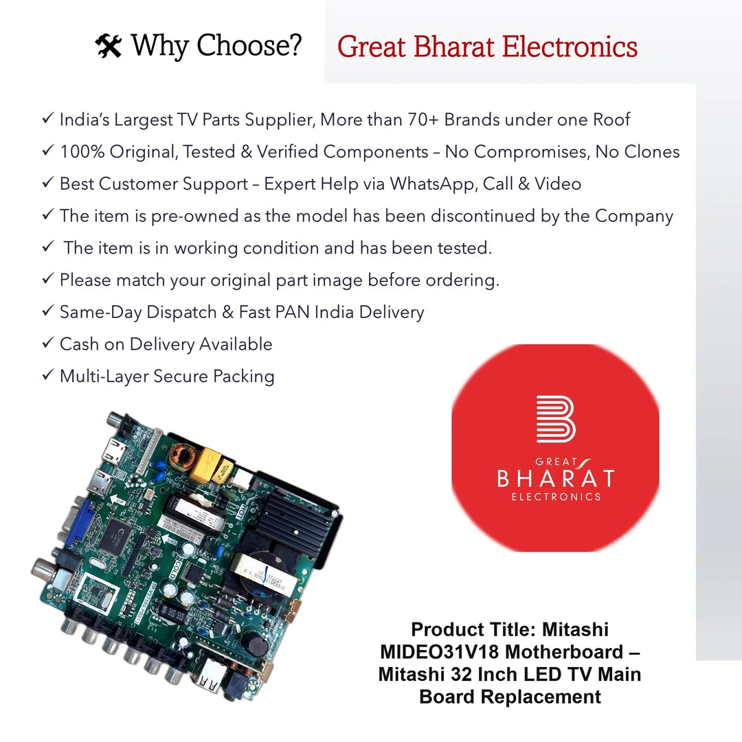 Mitashi MIDEO31V18 Motherboard – Mitashi 32 Inch LED TV Main Board Replacement - Great Bharat Electronics