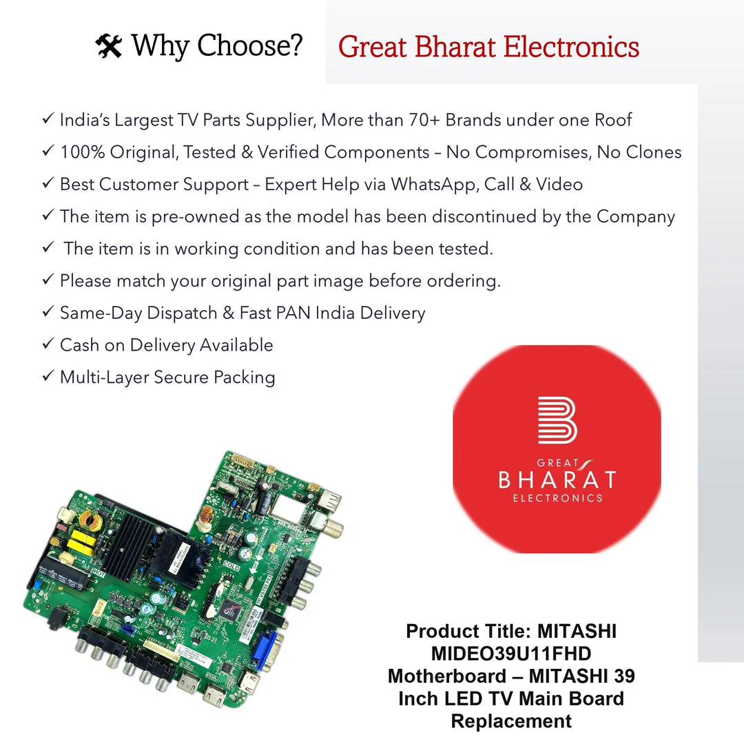 MITASHI MIDEO39U11FHD Motherboard – MITASHI 39 Inch LED TV Main Board Replacement - Great Bharat Electronics