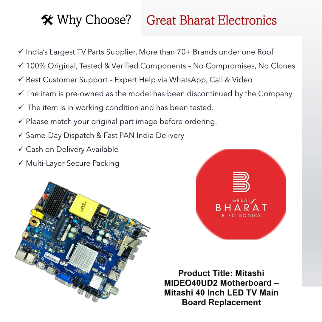 Mitashi MIDEO40UD2 Motherboard – Mitashi 40 Inch LED TV Main Board Replacement - Great Bharat Electronics