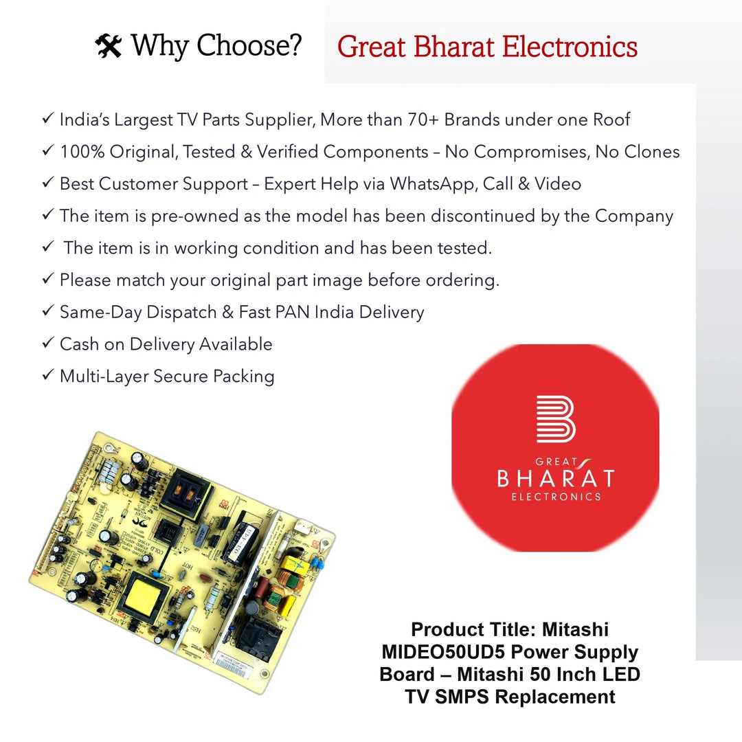 Mitashi MIDEO50UD5 Power Supply Board – Mitashi 50 Inch LED TV SMPS Replacement - Great Bharat Electronics