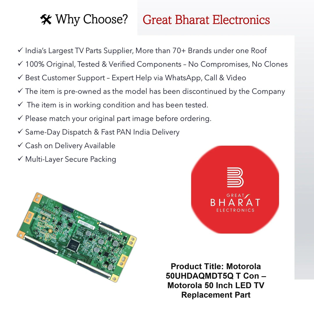 Motorola 50UHDAQMDT5Q T-Con Board β Motorola 50 Inch LED TV Replacement Part - Great Bharat Electronics