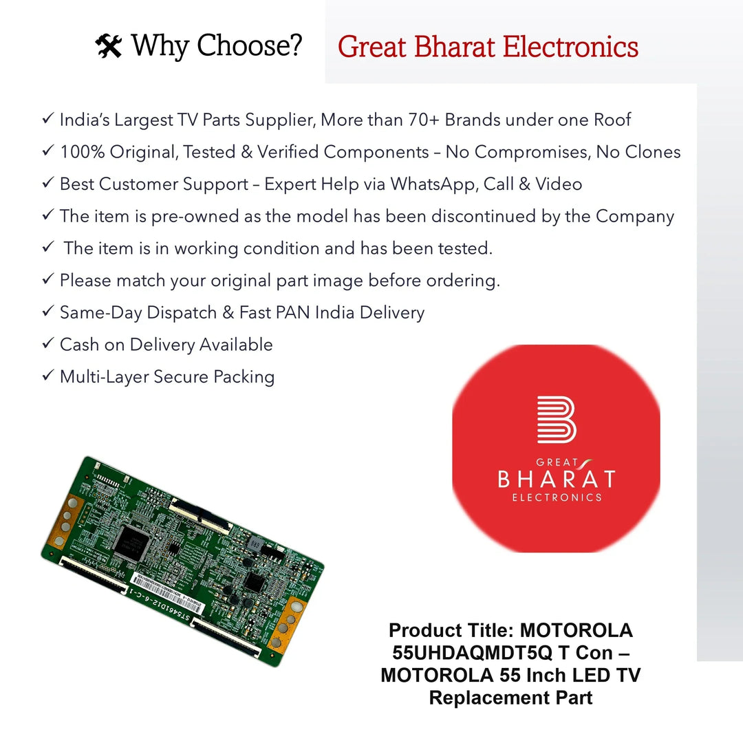Motorola 55UHDAQMDT5Q T-Con Board β Motorola 55 Inch LED TV Replacement Part - Great Bharat Electronics