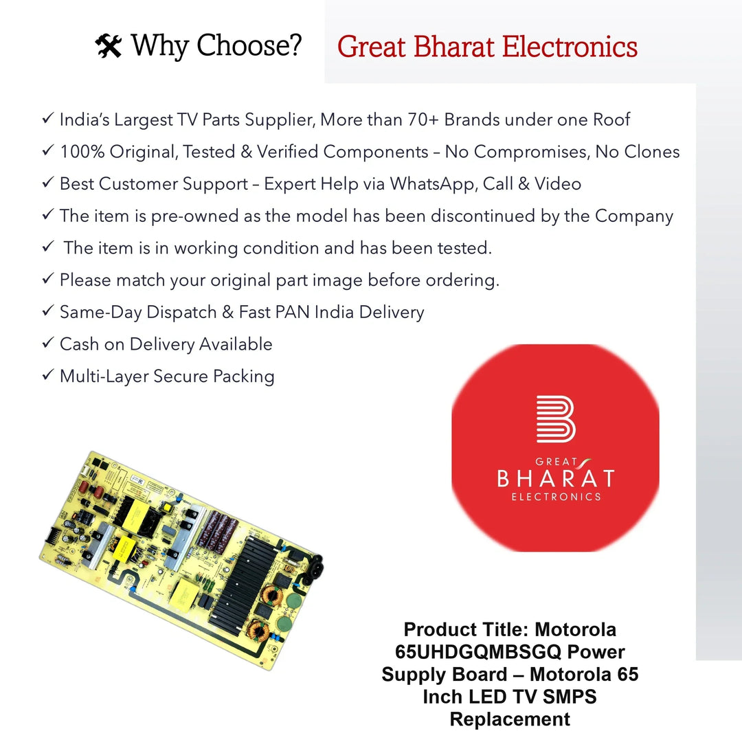 Motorola 65UHDGQMBSGQ Power Supply Board – Motorola 65 Inch LED TV SMPS Replacement - Great Bharat Electronics