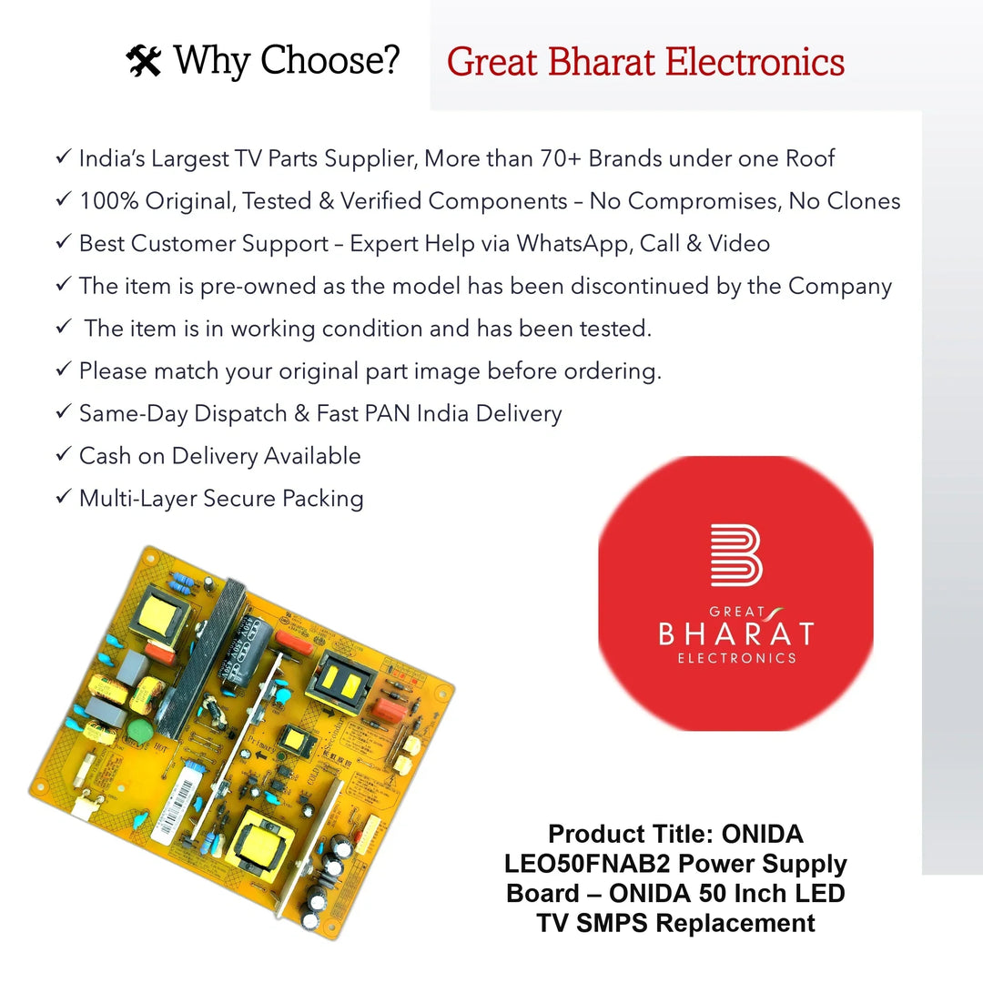 Onida LEO50FNAB2 Power Supply Board – Onida 50 Inch LED TV SMPS Replacement - Great Bharat Electronics