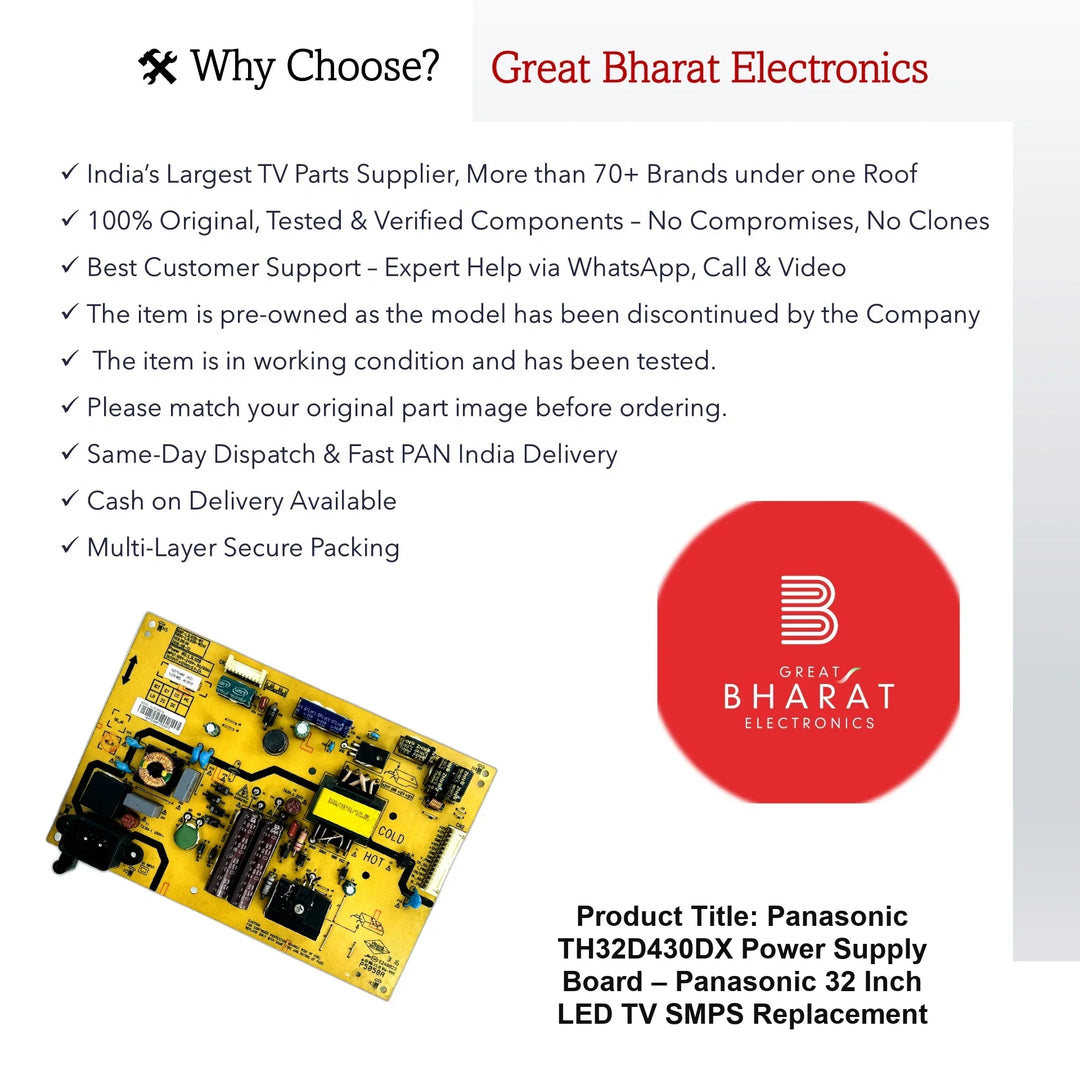Panasonic TH32D430DX Power Supply Board – Panasonic 32 Inch LED TV SMPS Replacement - Great Bharat Electronics
