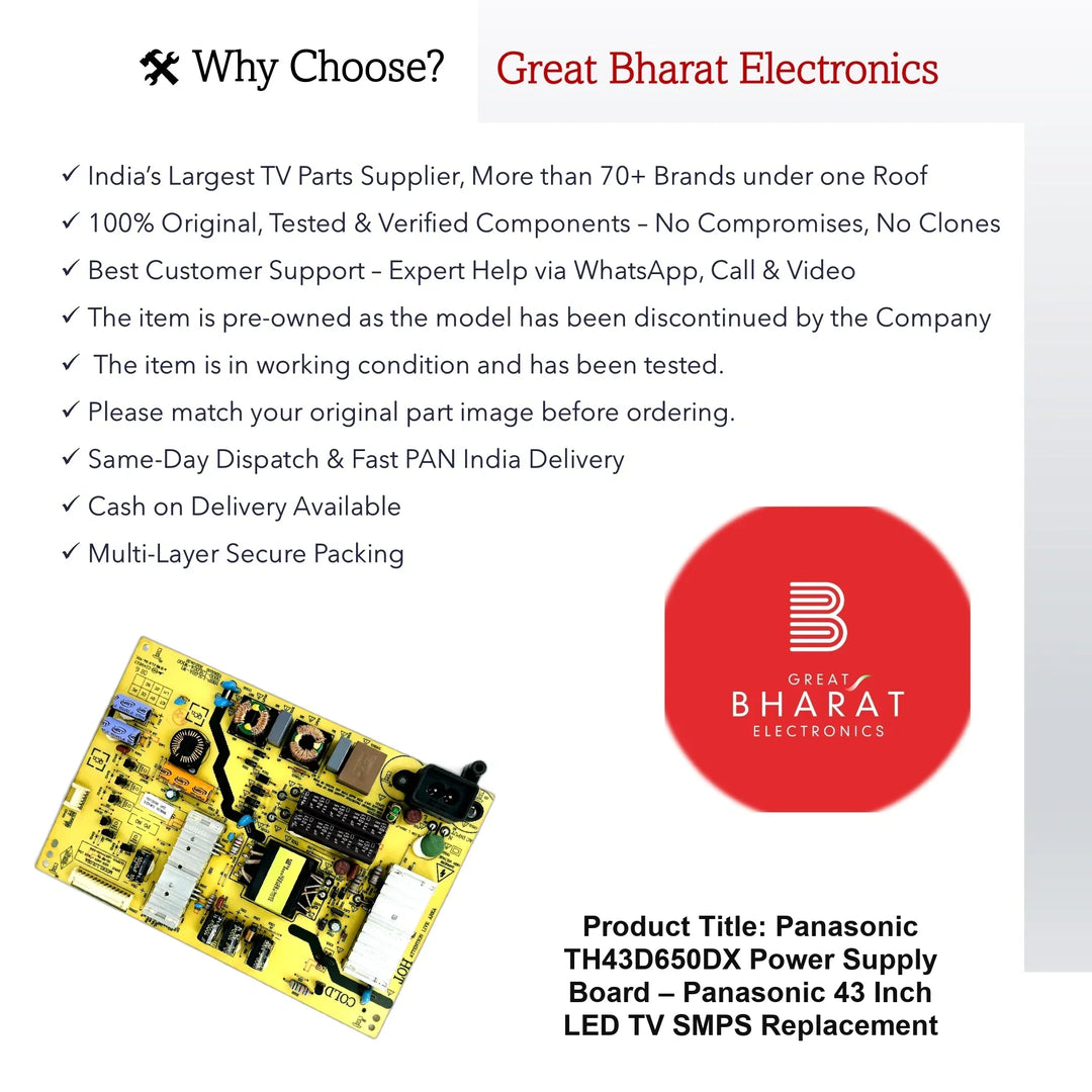 Panasonic TH43D650DX Power Supply Board – Panasonic 43 Inch LED TV SMPS Replacement - Great Bharat Electronics