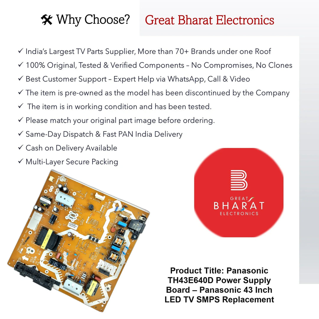 Panasonic TH43E640D Power Supply Board – Panasonic 43 Inch LED TV SMPS Replacement - Great Bharat Electronics