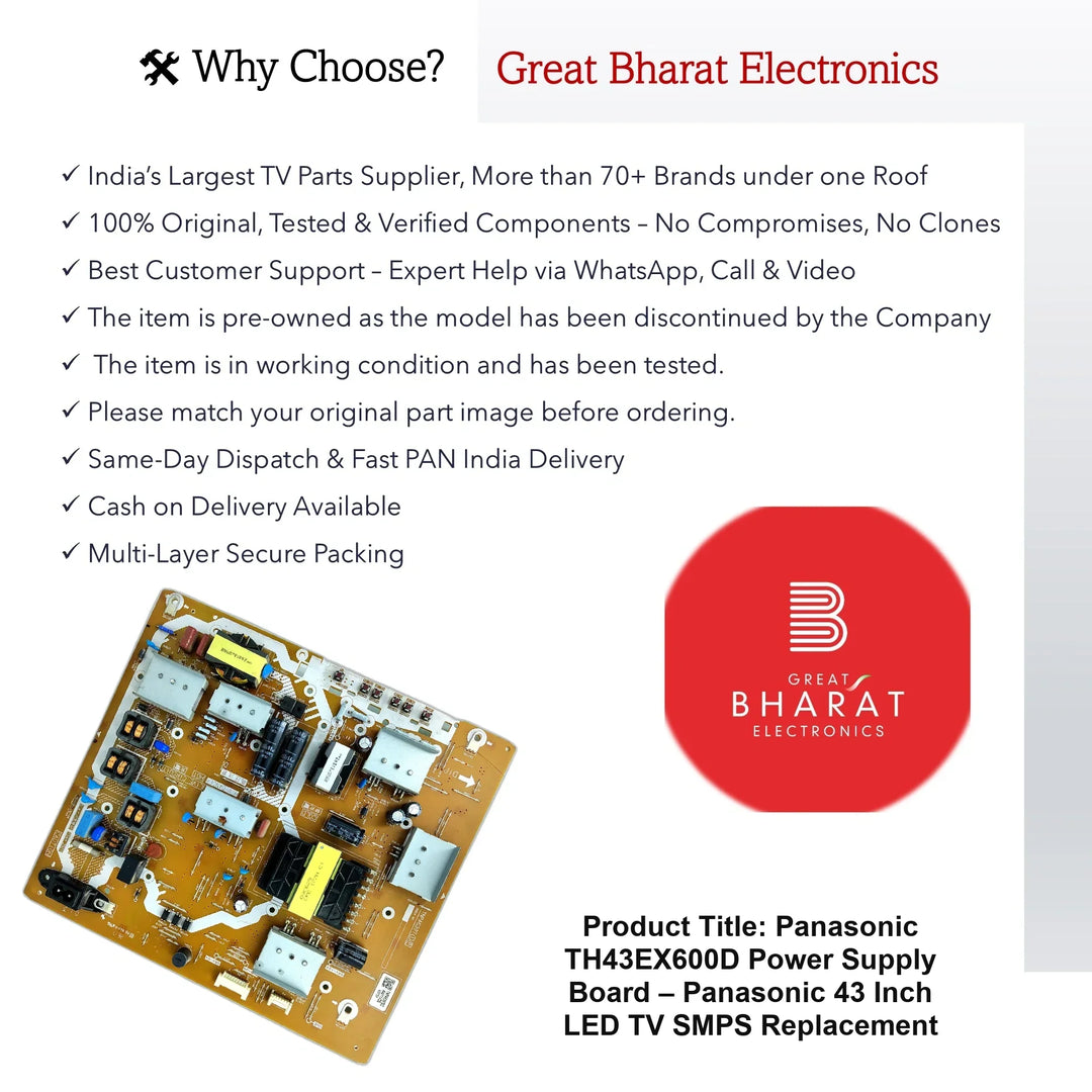 Panasonic TH43EX600D Power Supply Board – Panasonic 43 Inch LED TV SMPS Replacement - Great Bharat Electronics
