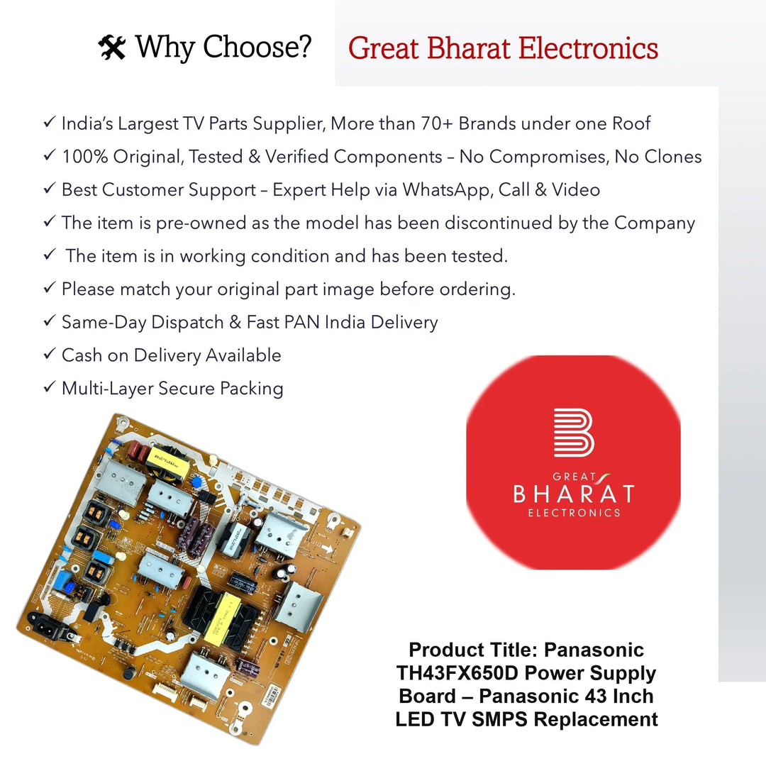 Panasonic TH43FX650D Power Supply Board – Panasonic 43 Inch LED TV SMPS Replacement - Great Bharat Electronics