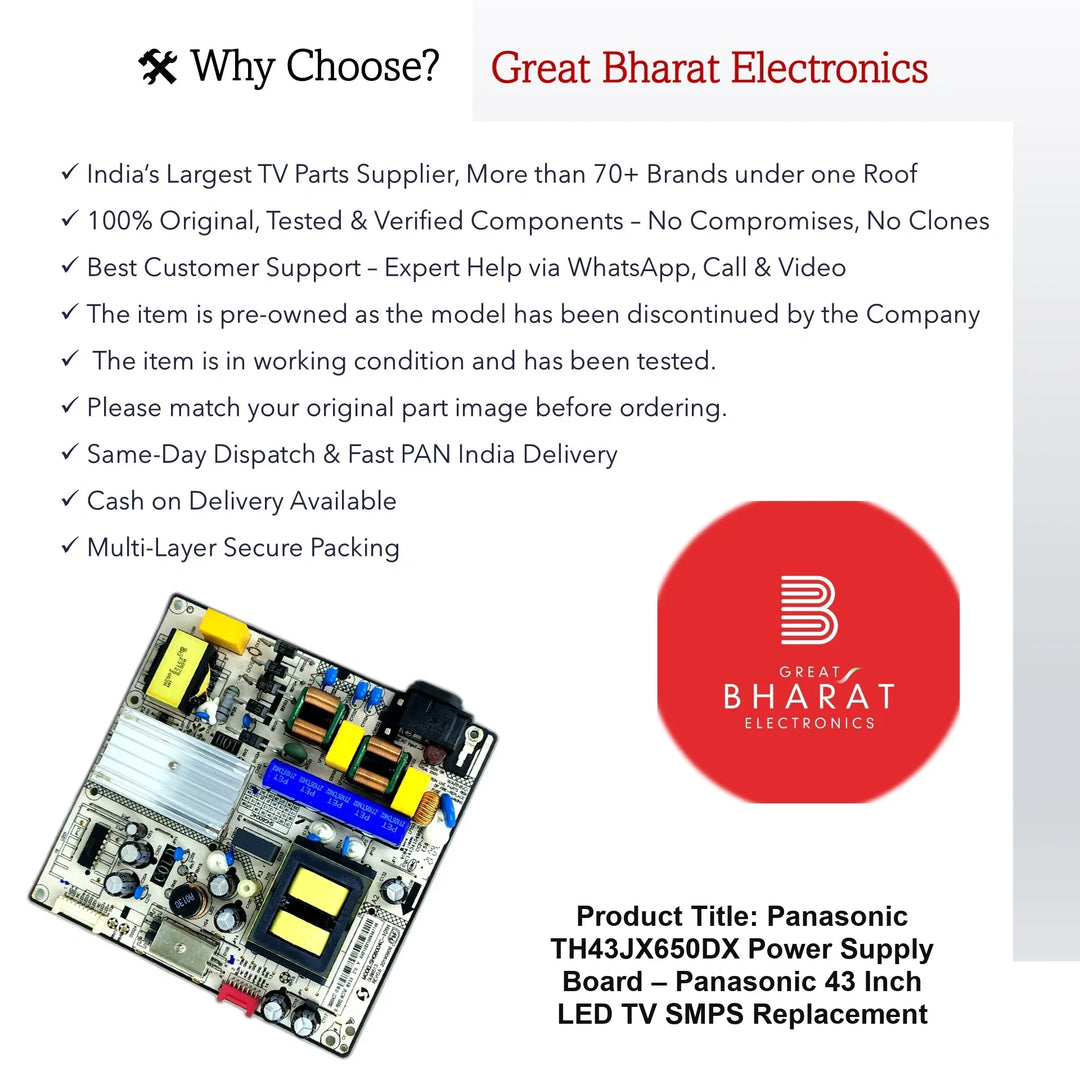 Panasonic TH43JX650DX Power Supply Board – Panasonic 43 Inch LED TV SMPS Replacement - Great Bharat Electronics