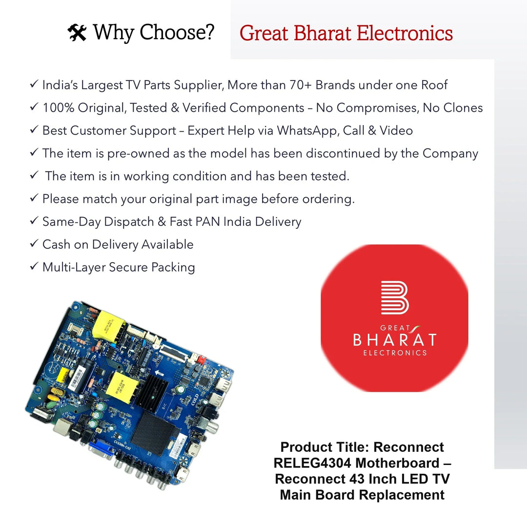 Reconnect RELEG4304 Motherboard – Reconnect 43 Inch LED TV Main Board Replacement - Great Bharat Electronics